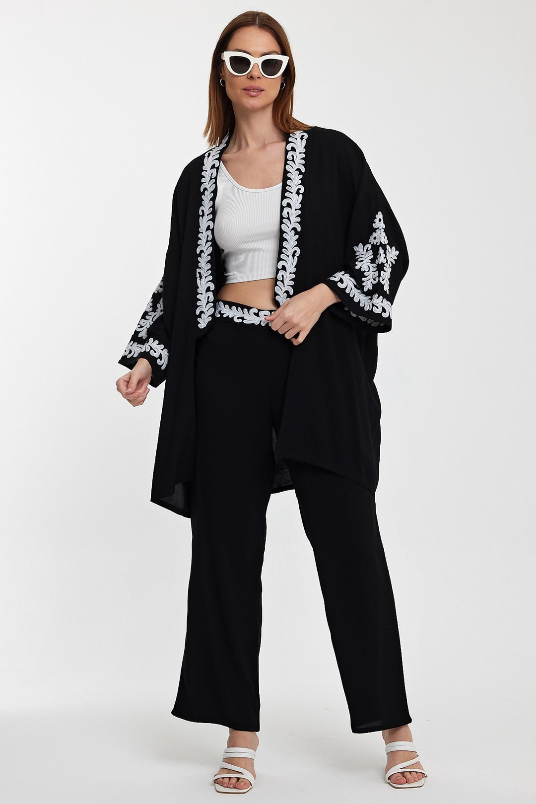 Maxi Boy Black Embroidered Kimono Top and Pants Set BCVL-24950 - Caguas