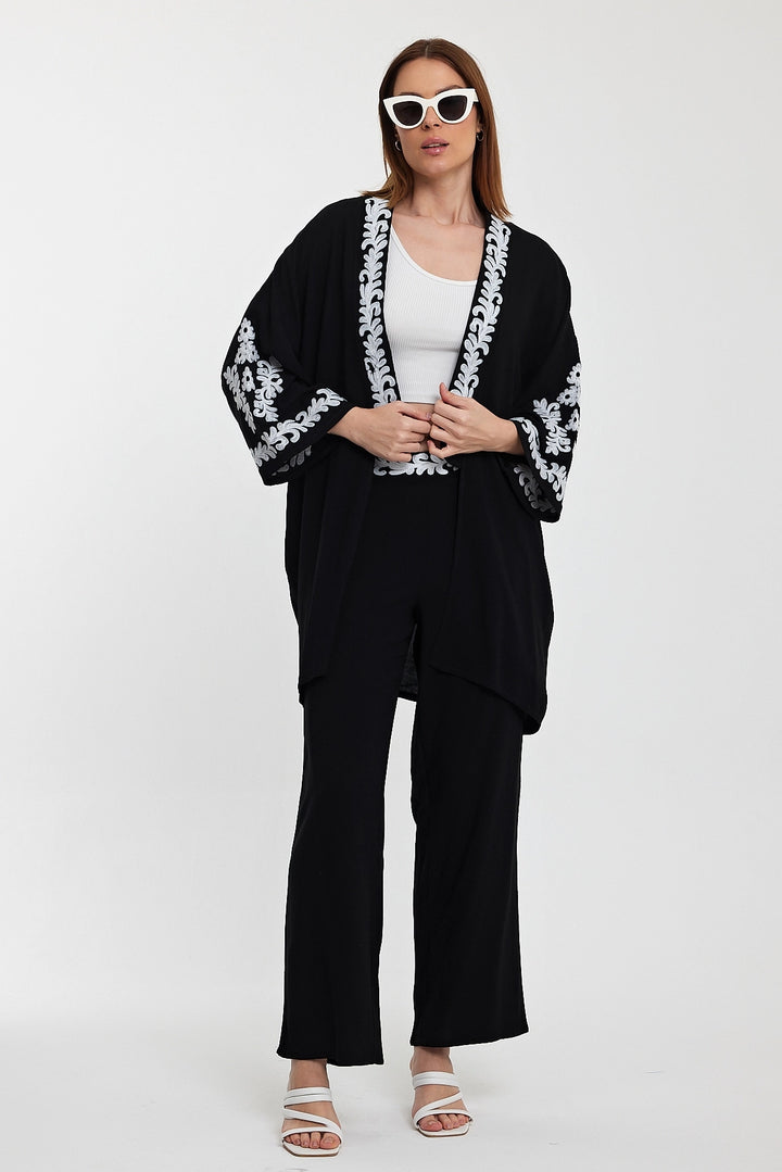 Maxi Boy Black Embroidered Kimono Top and Pants Set BCVL-24950 - Caguas