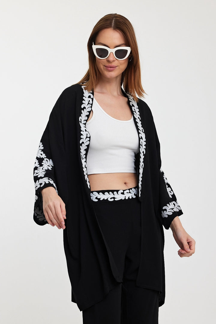 Maxi Boy Black Embroidered Kimono Top and Pants Set BCVL-24950 - Caguas