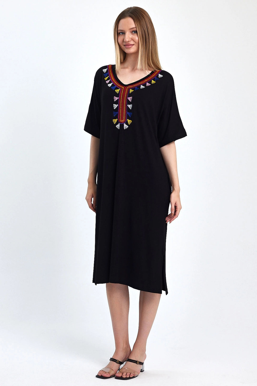 Maxi Boy Black Embroidered Knitted Viscose Dress BCVL-251053 - Caserta