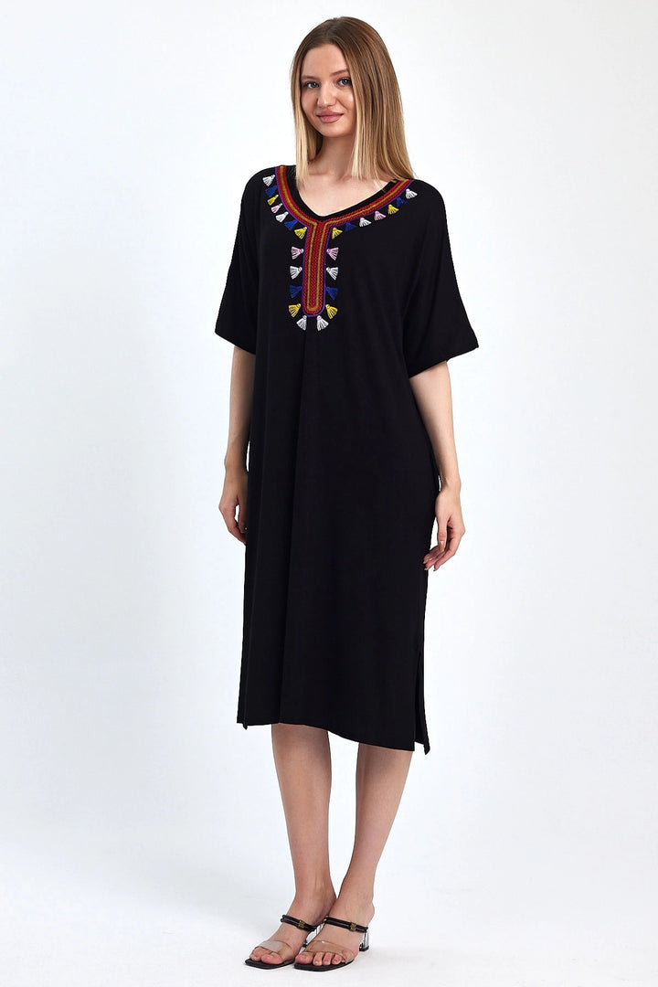 Maxi Boy Black Embroidered Knitted Viscose Dress BCVL-251053 - Caserta