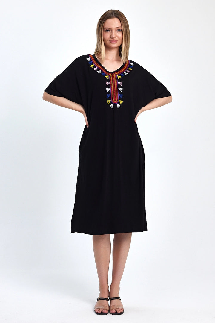 Maxi Boy Black Embroidered Knitted Viscose Dress BCVL-251053 - Caserta