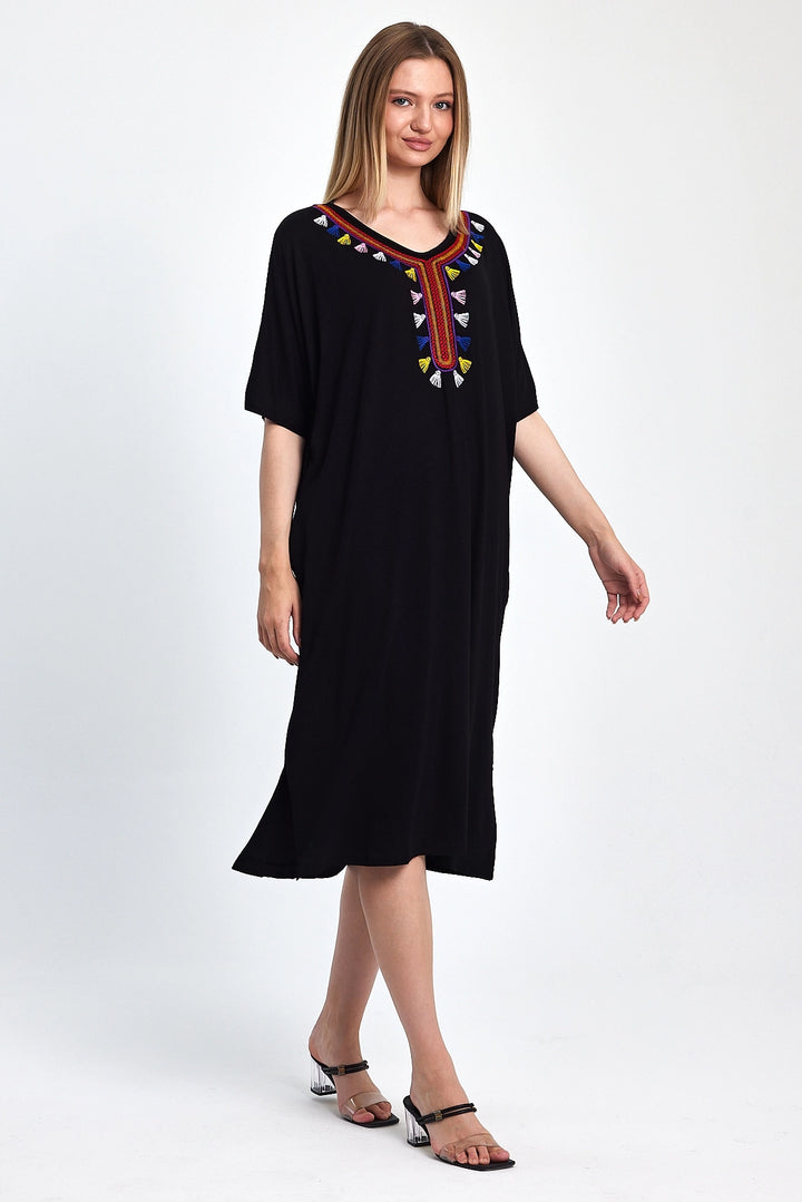 Maxi Boy Black Embroidered Knitted Viscose Dress BCVL-251053 - Caserta