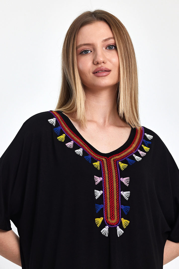 Maxi Boy Black Embroidered Knitted Viscose Dress BCVL-251053 - Caserta
