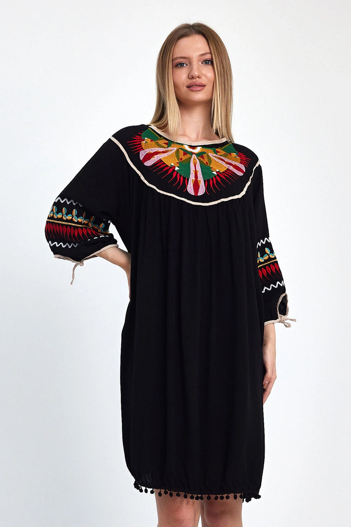 Maxi Boy Black Embroidered Tassel Woven Viscose Dress BCVL-251001 - Villa Victoria