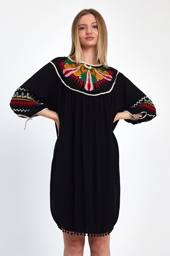Maxi Boy Black Embroidered Tassel Woven Viscose Dress BCVL-251001 - Villa Victoria