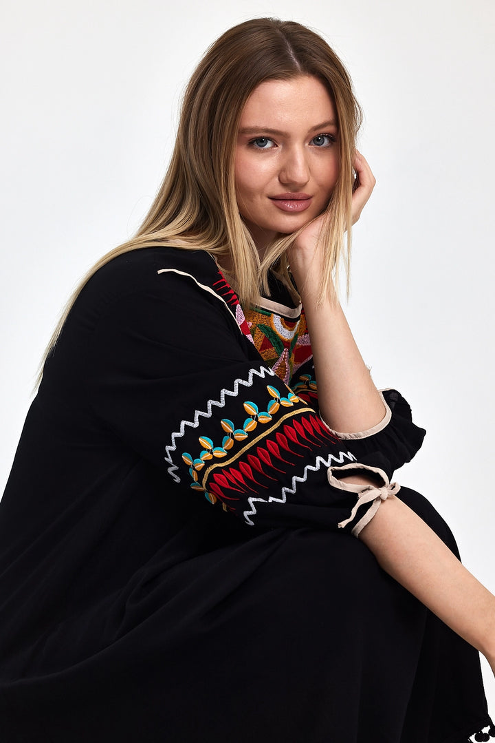 Maxi Boy Black Embroidered Tassel Woven Viscose Dress BCVL-251001 - Villa Victoria