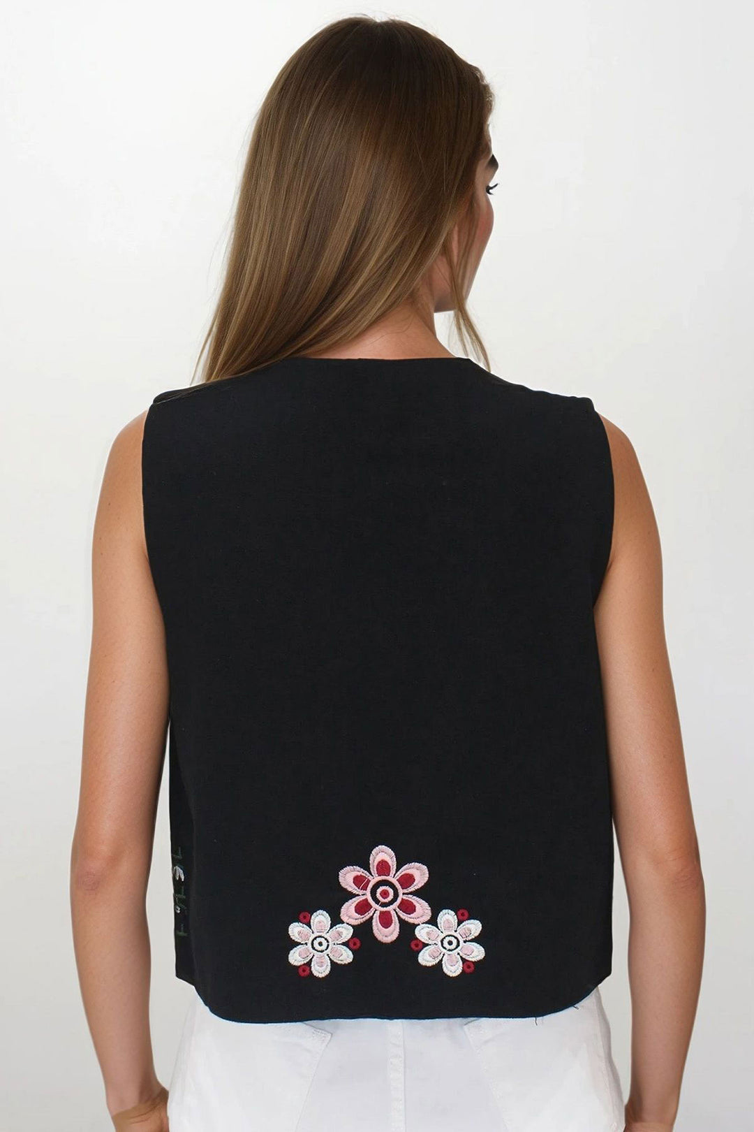 Black Embroidered Lace-Up Detail Design Raw Linen Vest BCHESQ-251144 - Randallstown