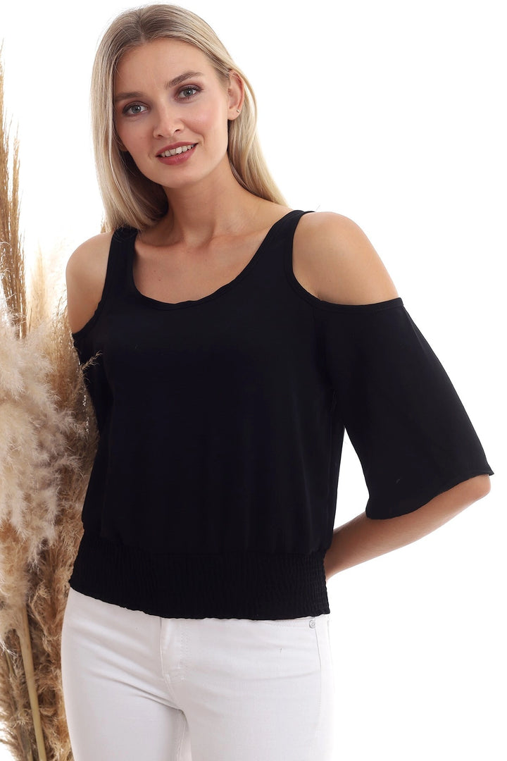 Black Open Shoulder Elastic Waist Short Sleeve Ayrobin Woven Blouse CO-2520333451 - Gilroy