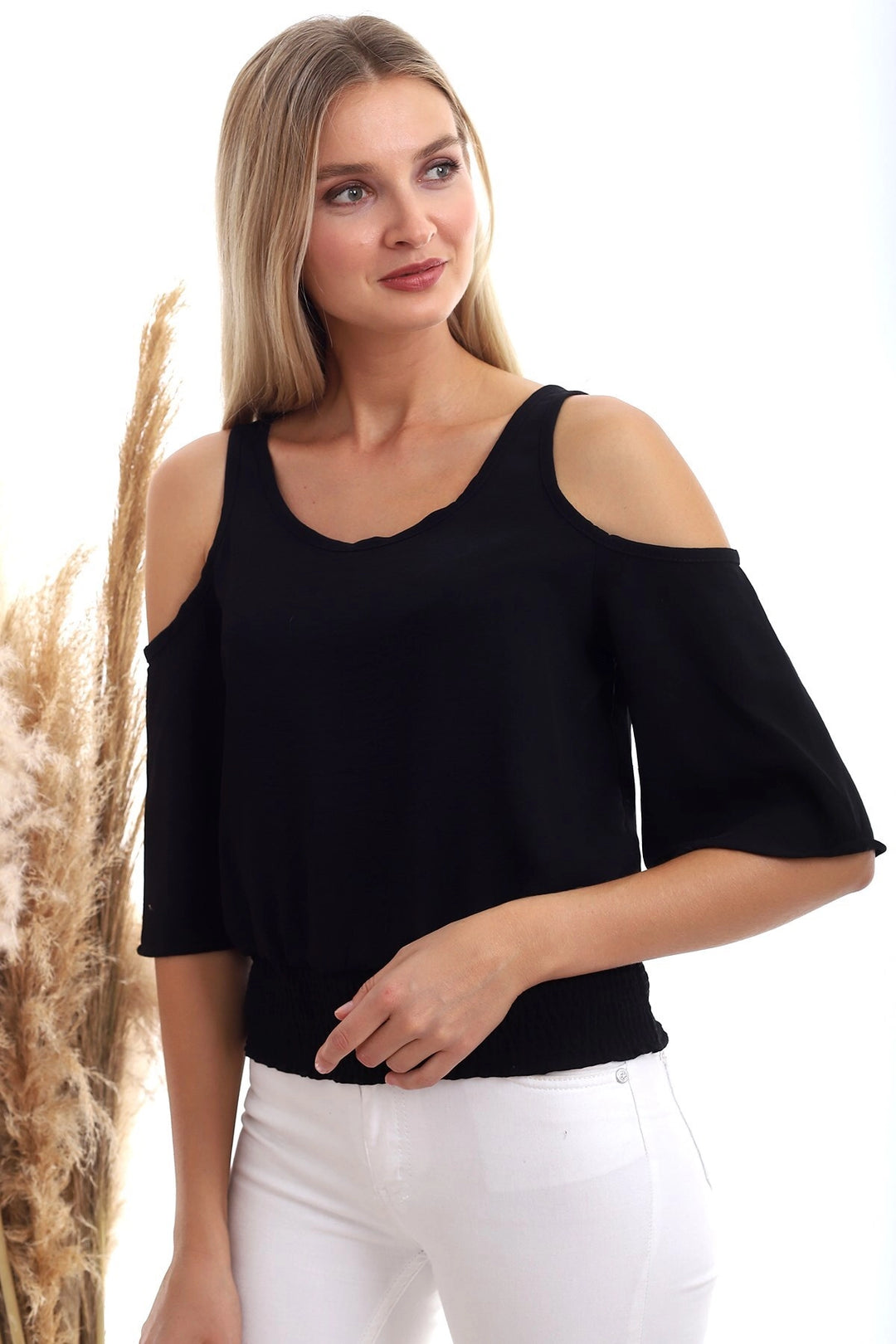 Black Open Shoulder Elastic Waist Short Sleeve Ayrobin Woven Blouse CO-2520333451 - Gilroy