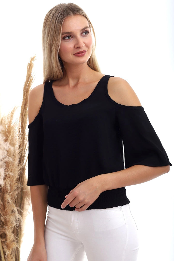 Black Open Shoulder Elastic Waist Short Sleeve Ayrobin Woven Blouse CO-2520333451 - Gilroy