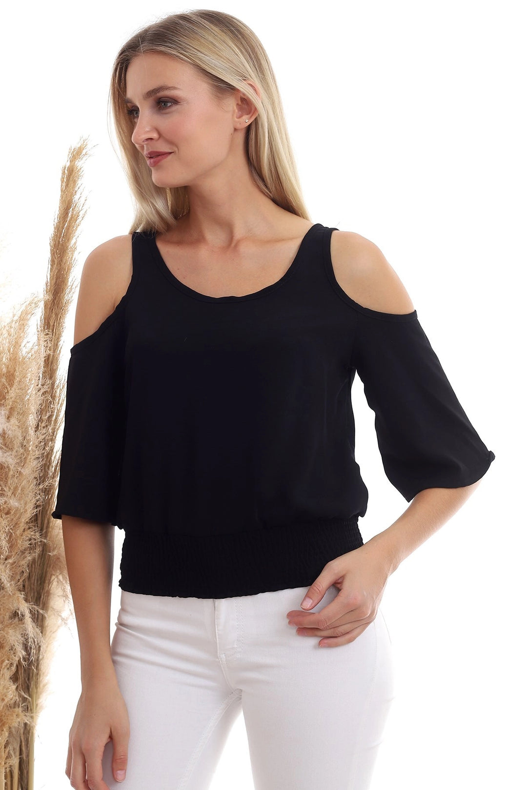 Black Open Shoulder Elastic Waist Short Sleeve Ayrobin Woven Blouse CO-2520333451 - Gilroy