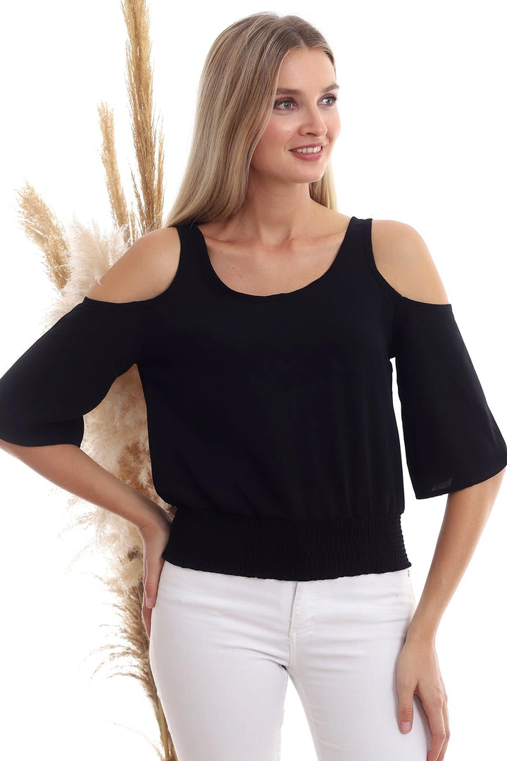 Black Open Shoulder Elastic Waist Short Sleeve Ayrobin Woven Blouse CO-2520333451 - Gilroy