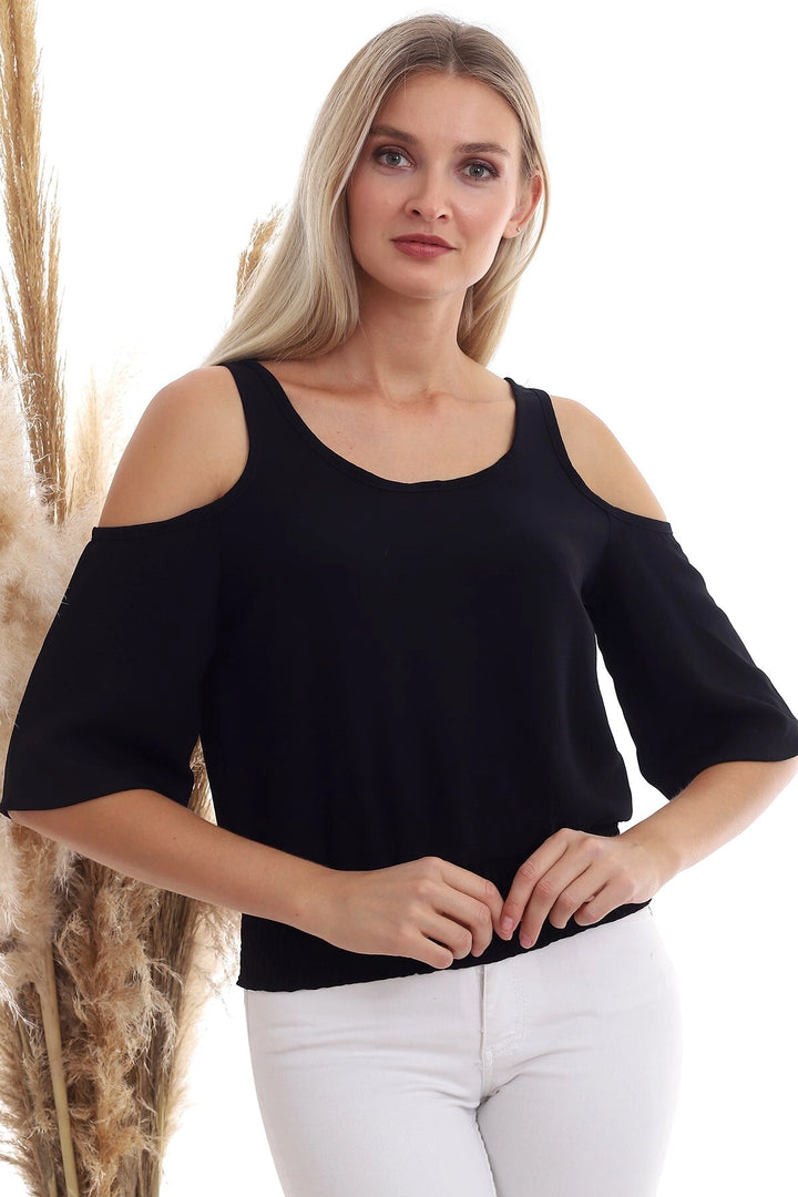 Black Open Shoulder Elastic Waist Short Sleeve Ayrobin Woven Blouse CO-2520333451 - Gilroy