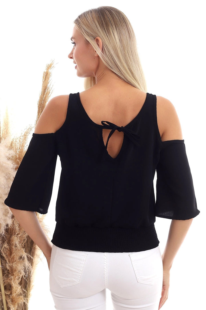 Black Open Shoulder Elastic Waist Short Sleeve Ayrobin Woven Blouse CO-2520333451 - Gilroy