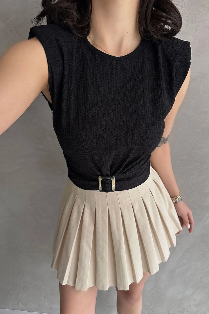 Black Padded Shoulder Belted Ruffled Blouse BCDF-252164 - Rocky Mount
