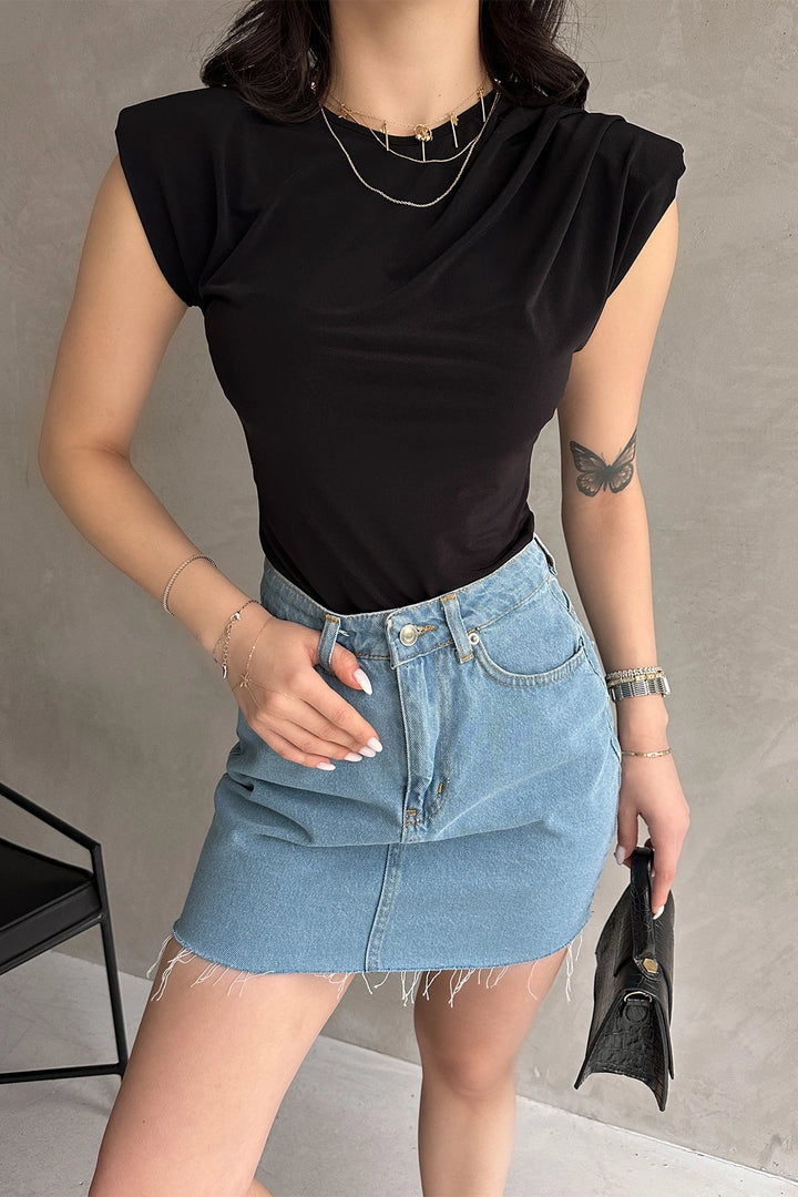 Black Padded Shoulder Buzzy Blouse BCDF-252157 - Ocuilan de Arteaga