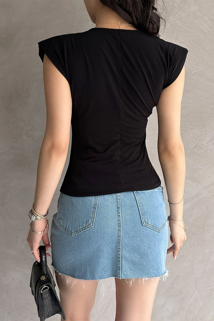 Black Padded Shoulder Buzzy Blouse BCDF-252157 - Ocuilan de Arteaga