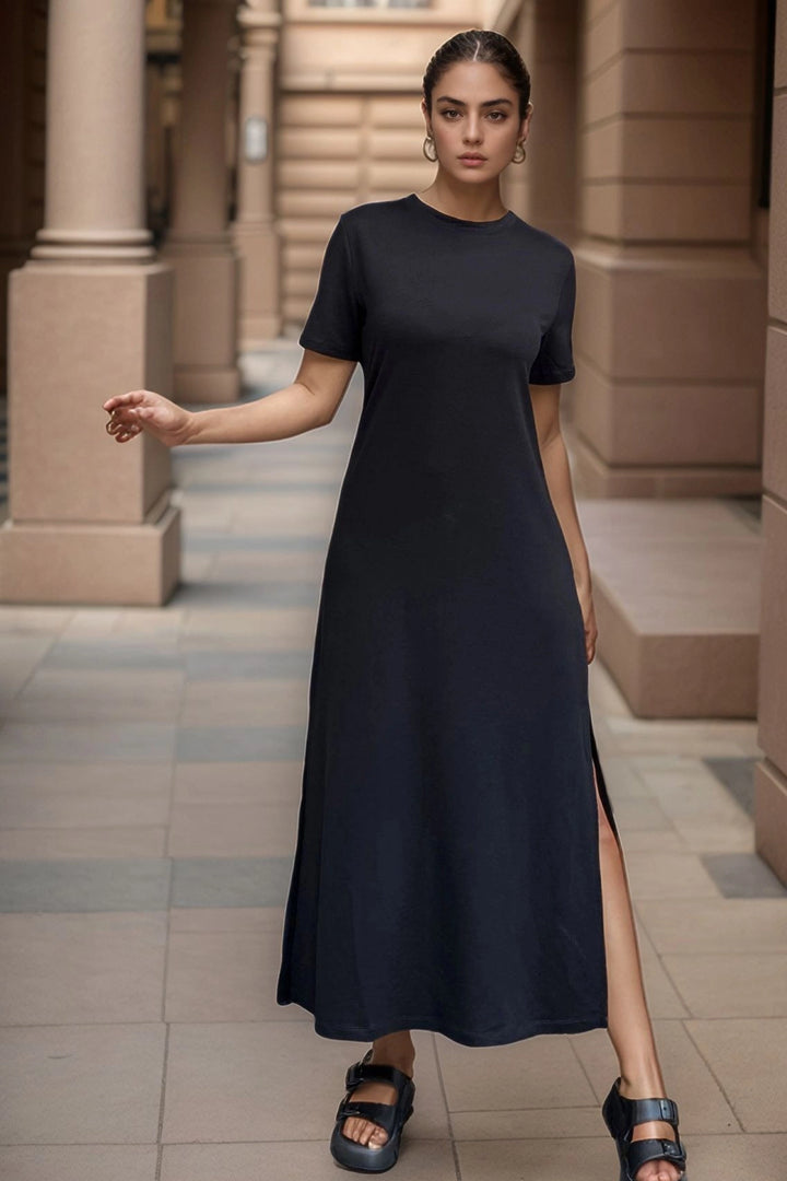 Black Shoulder Buttoned Slit Long Dress BCBSK-25700-3618 - Pontevedra