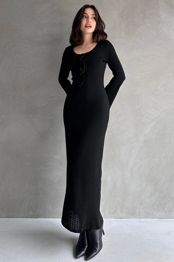 Black Front Lace-Up Detailed Maxi Dress BCDF-252151 - Skenderaj