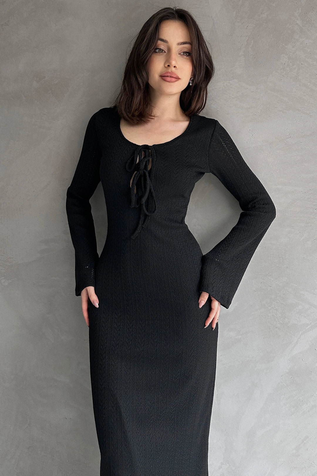 Black Front Lace-Up Detailed Maxi Dress BCDF-252151 - Skenderaj