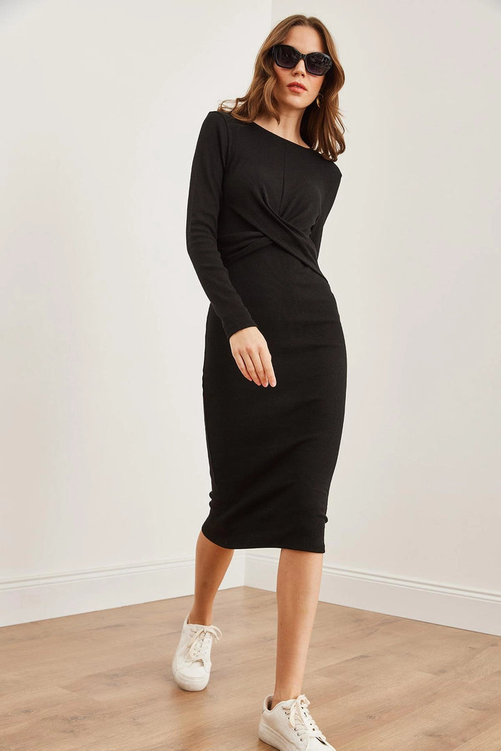 Black Front Cross Detailed Flexible Waist Dress BC241170 - San Mateo Atenco