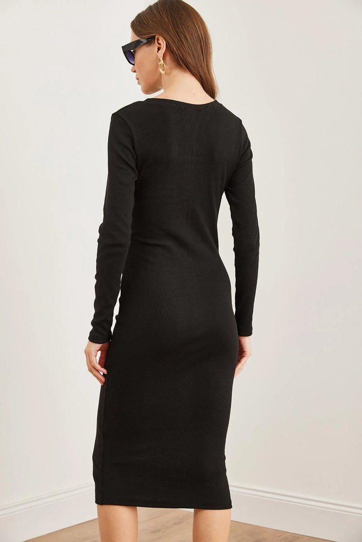 Black Front Cross Detailed Flexible Waist Dress BC241170 - San Mateo Atenco