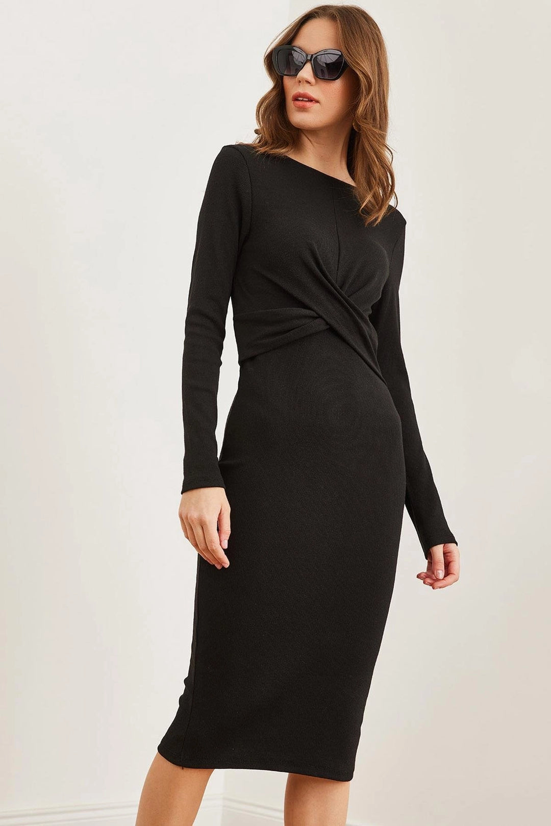 Black Front Cross Detailed Flexible Waist Dress BC241170 - San Mateo Atenco