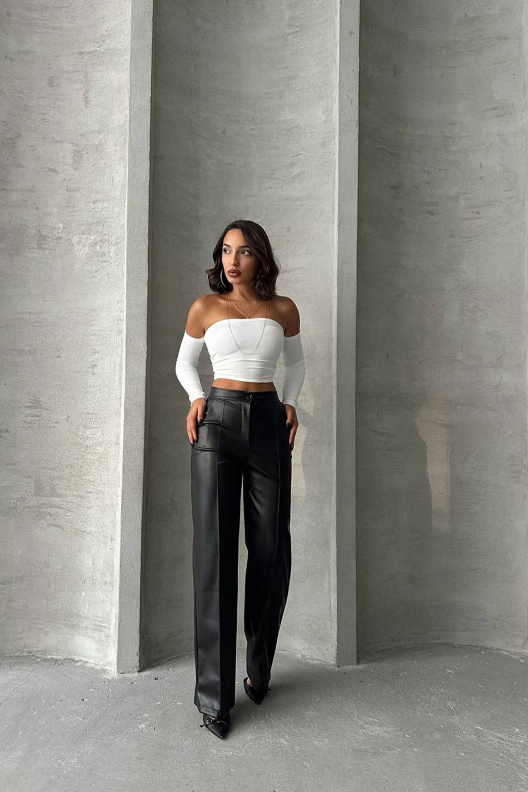 Black Faux Leather Palazzo Pants with Front Stitch Detail BCHN-2526654 - Fulham