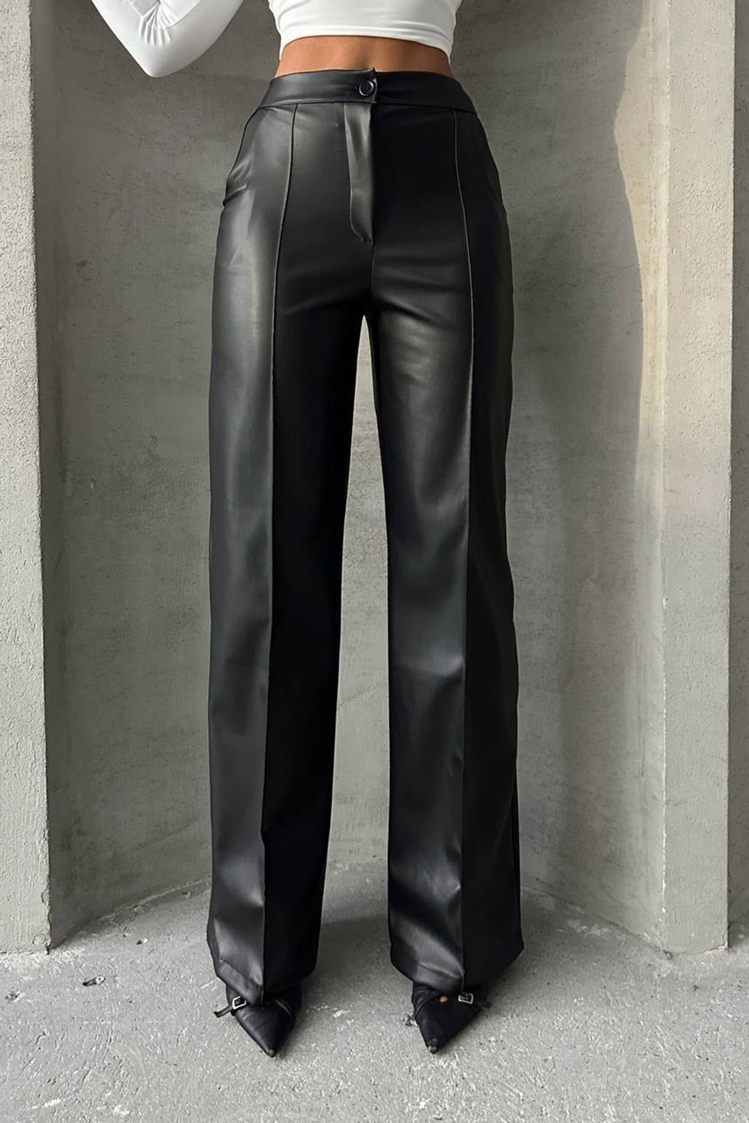 Black Faux Leather Palazzo Pants with Front Stitch Detail BCHN-2526654 - Fulham