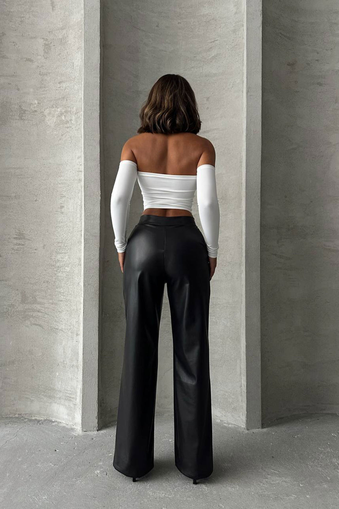 Black Faux Leather Palazzo Pants with Front Stitch Detail BCHN-2526654 - Fulham