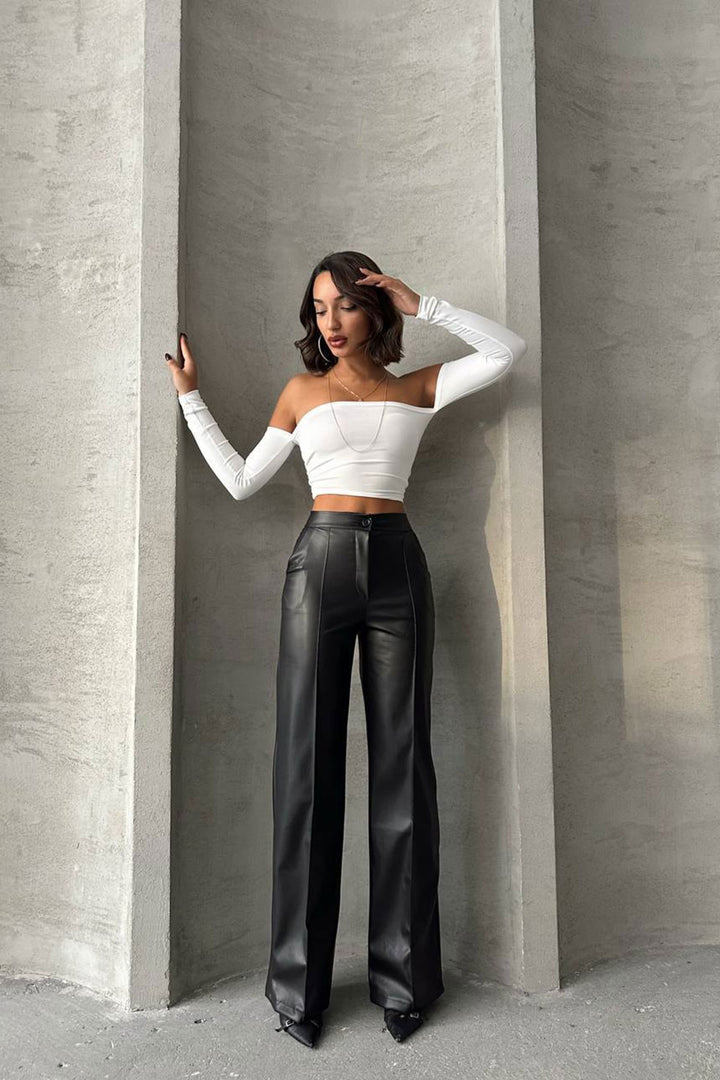 Black Faux Leather Palazzo Pants with Front Stitch Detail BCHN-2526654 - Fulham