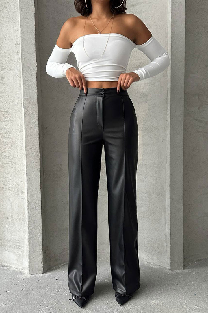 Black Faux Leather Palazzo Pants with Front Stitch Detail BCHN-2526654 - Fulham