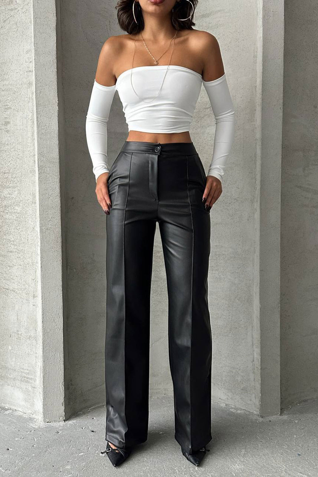 Black Faux Leather Palazzo Pants with Front Stitch Detail BCHN-2526654 - Fulham
