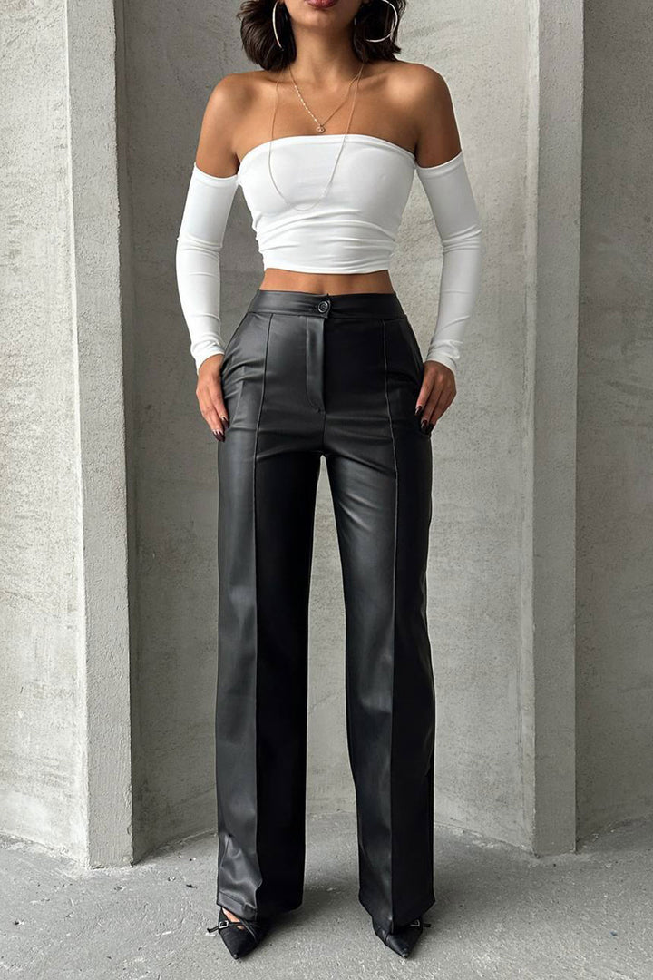 Black Faux Leather Palazzo Pants with Front Stitch Detail BCHN-2526654 - Fulham