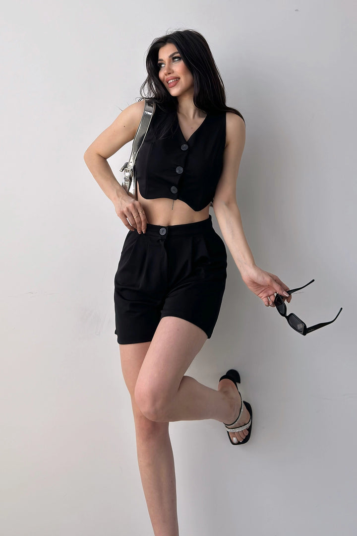 Black Front Buttoned Crop Vest and Shorts Set BCDF-241075 - Odenton