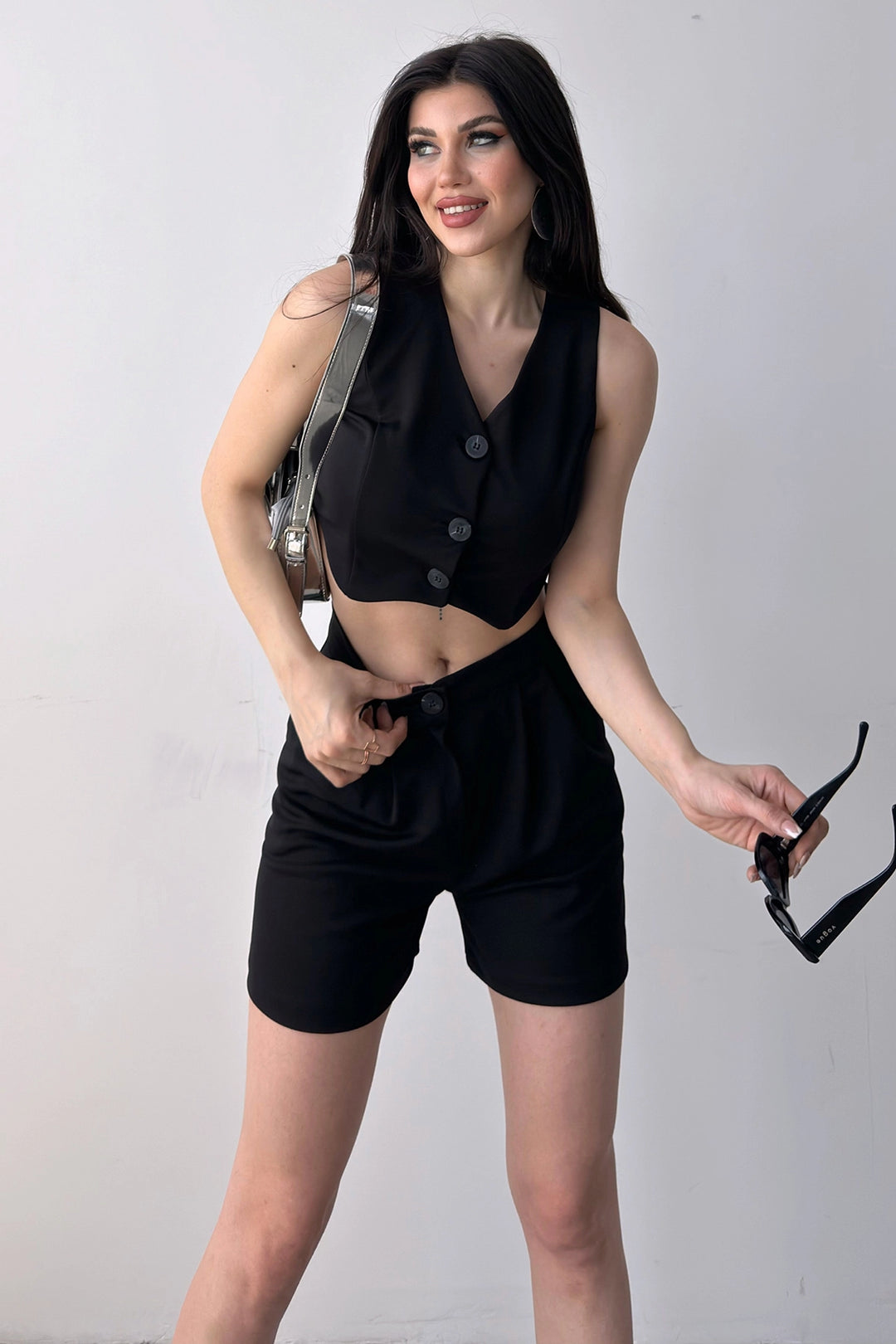 Black Front Buttoned Crop Vest and Shorts Set BCDF-241075 - Odenton