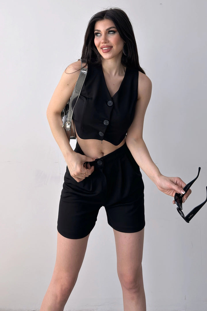 Black Front Buttoned Crop Vest and Shorts Set BCDF-241075 - Odenton