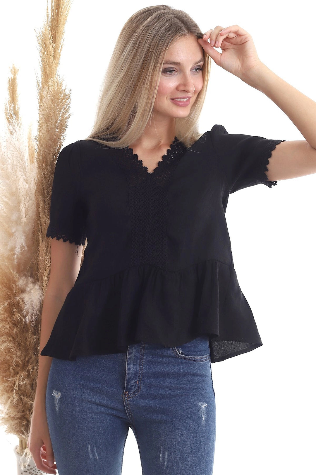 Black Front Guipure Skirt Ruffled Short Sleeve Linen Blouse CO-2520343456 - Barri