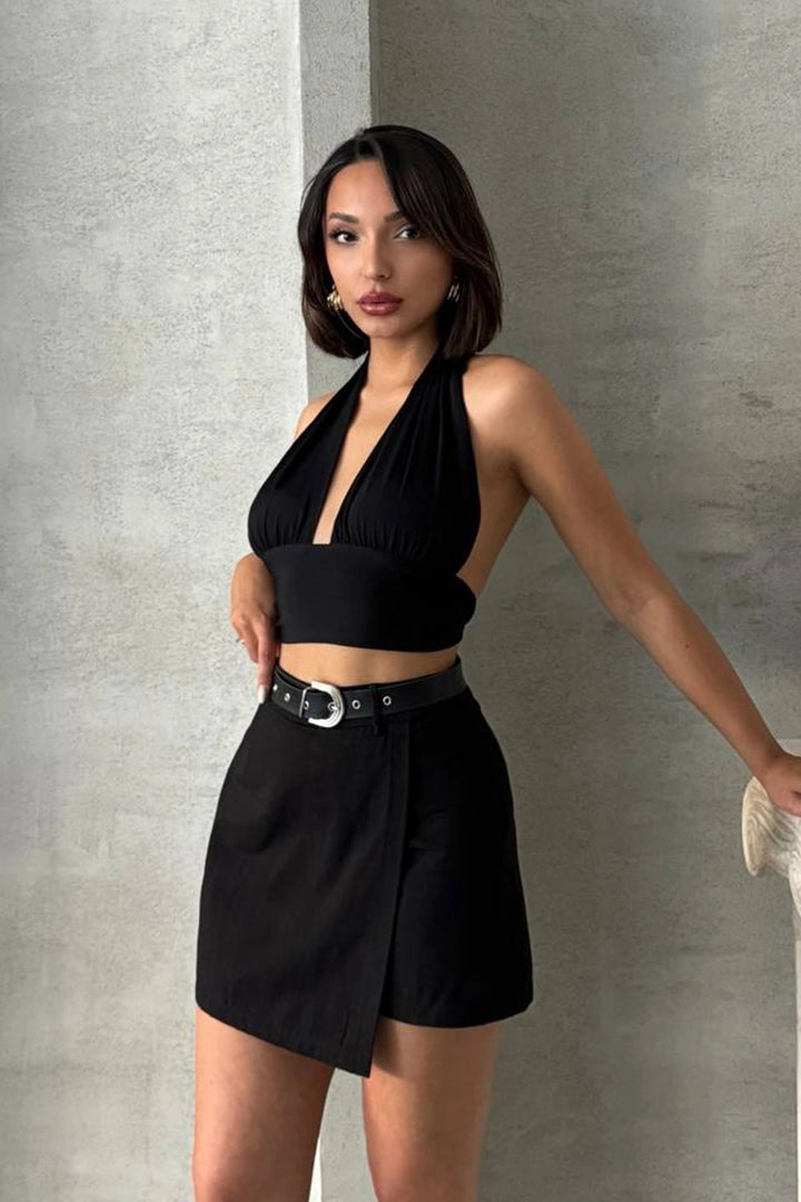 Black Front Flap Gabardine Belted Shorts Skirt BCHN-25250507 - Moncalieri