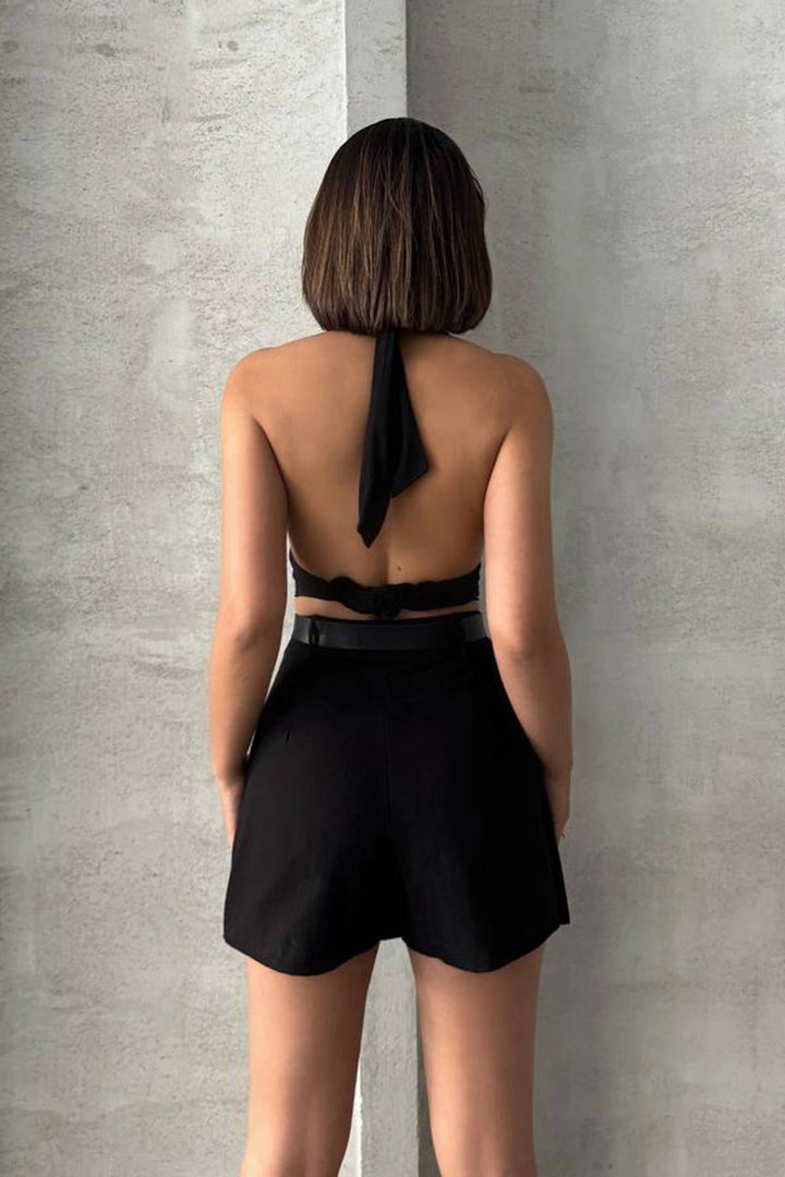 Black Front Flap Gabardine Belted Shorts Skirt BCHN-25250507 - Moncalieri