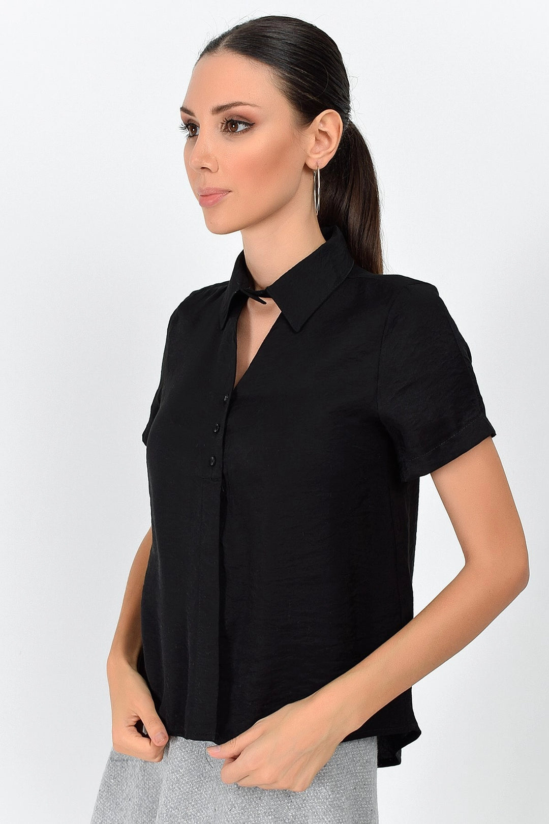 Black Front Window Short Sleeve Bodrum Fabric Shirt CO-259362998 - Elmhurst