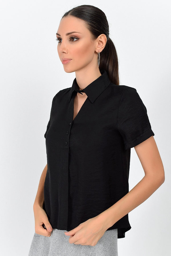 Black Front Window Short Sleeve Bodrum Fabric Shirt CO-259362998 - Elmhurst