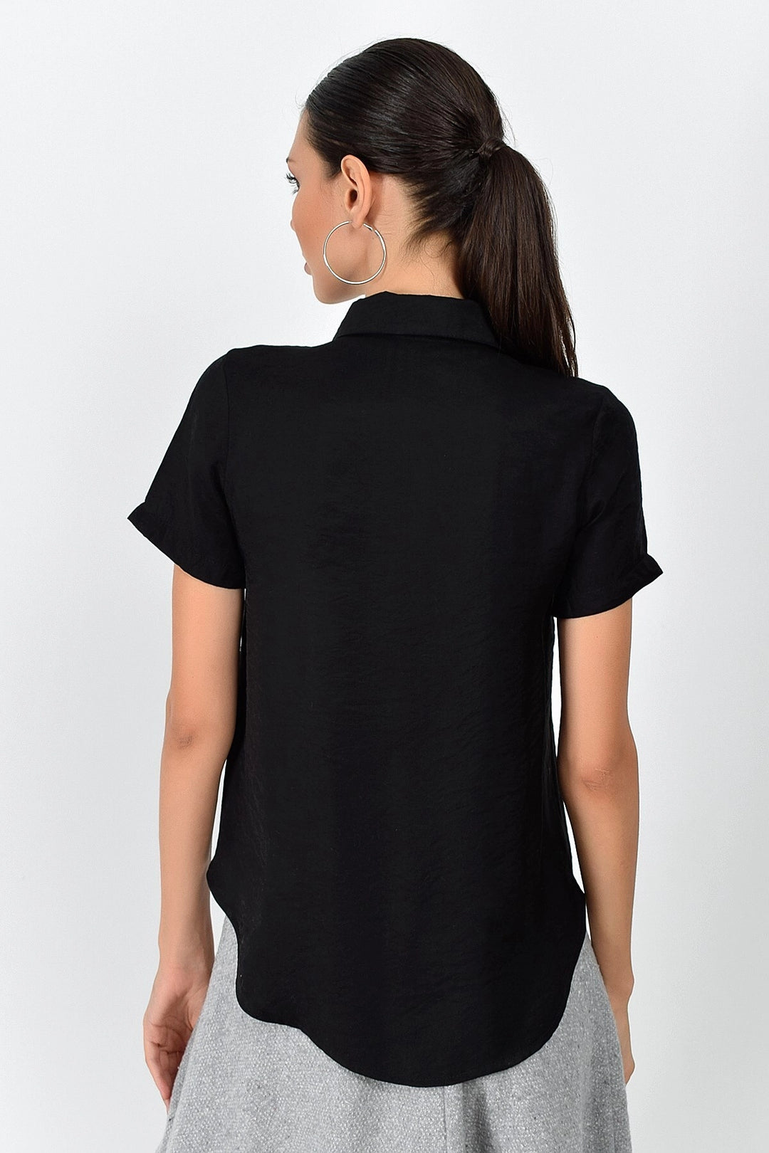 Black Front Window Short Sleeve Bodrum Fabric Shirt CO-259362998 - Elmhurst