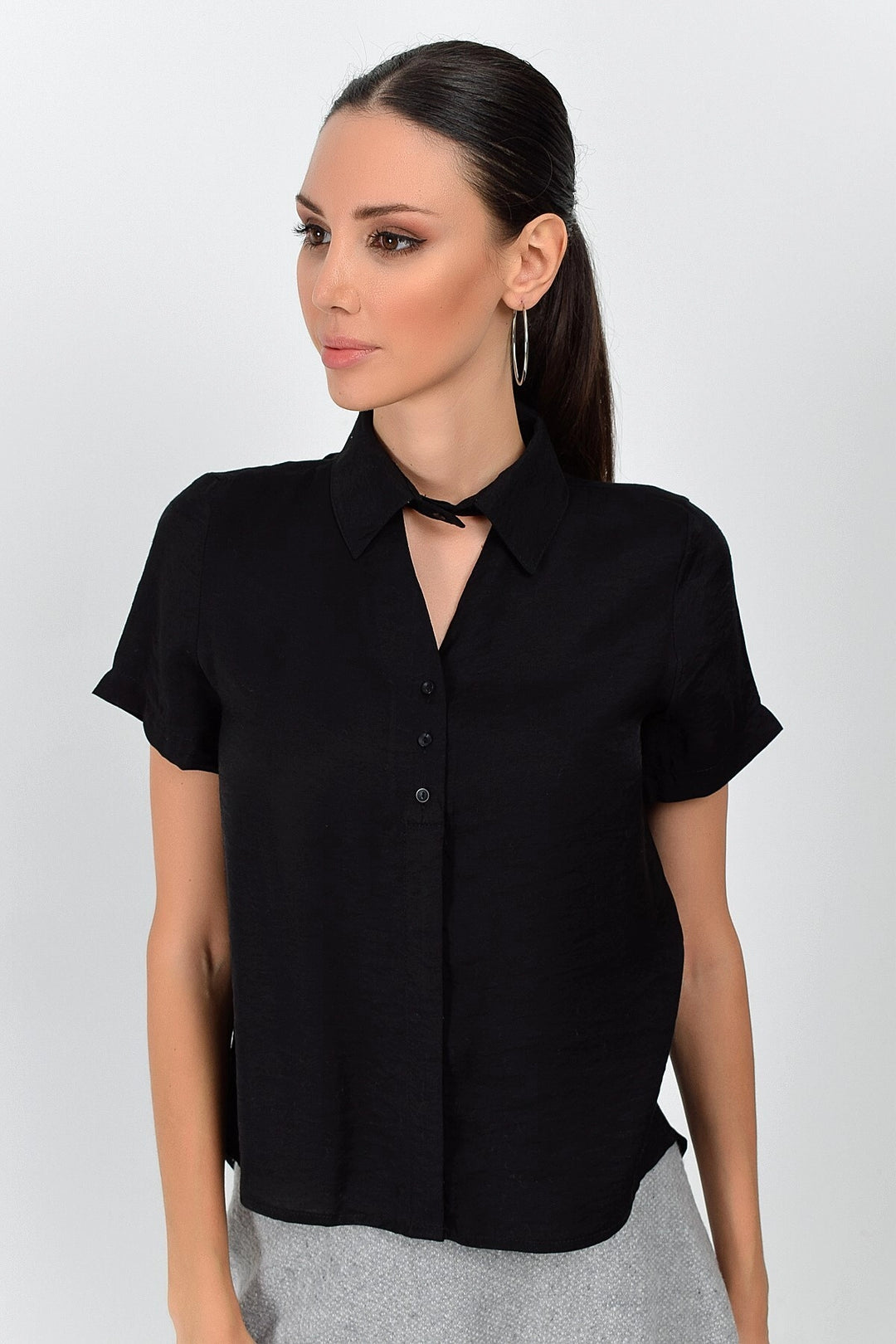 Black Front Window Short Sleeve Bodrum Fabric Shirt CO-259362998 - Elmhurst
