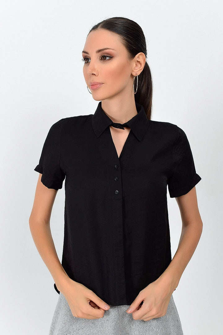 Black Front Window Short Sleeve Bodrum Fabric Shirt CO-259362998 - Elmhurst