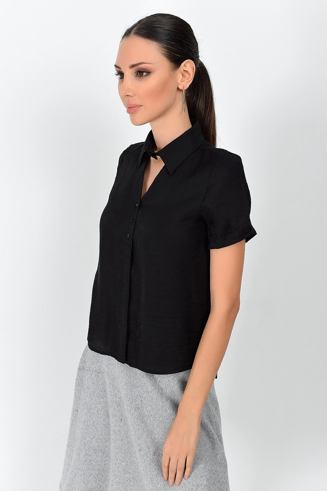 Black Front Window Short Sleeve Bodrum Fabric Shirt CO-259362998 - Elmhurst