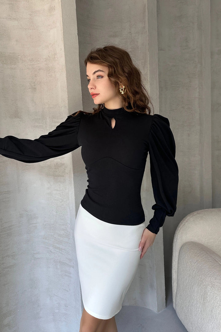 Black Kiss Collar Princess Sleeve Crepe Blouse BCDF-242137 - East Kelowna