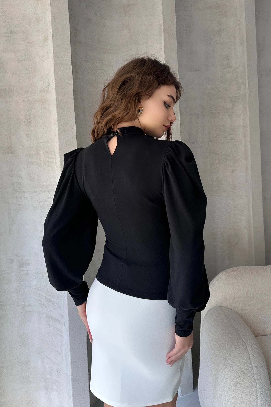 Black Kiss Collar Princess Sleeve Crepe Blouse BCDF-242137 - East Kelowna