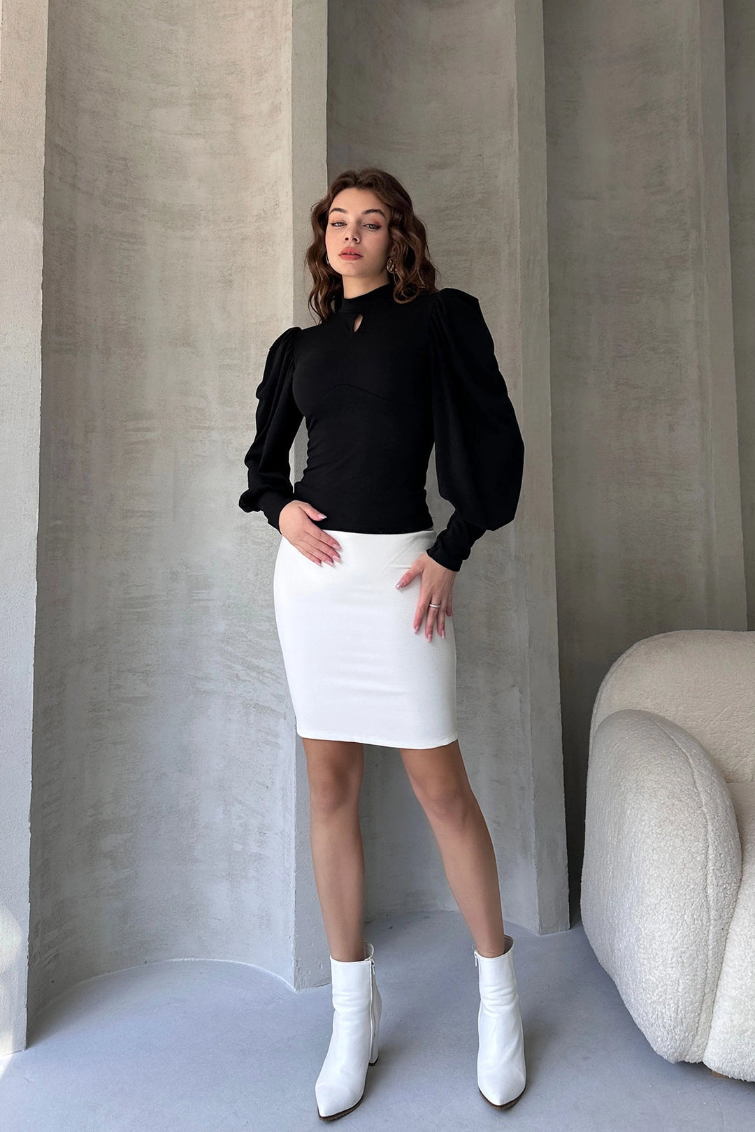 Black Kiss Collar Princess Sleeve Crepe Blouse BCDF-242137 - East Kelowna